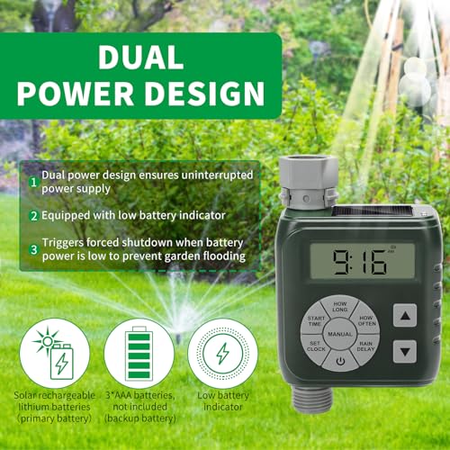 Sprinkler Timer, Zuomeng Water Timer for Garden Hose with Dual Power Design, Professional Anti-Leak Technology, Smart Irrigation with Rain Delay, Automatic/Manual Mode for Efficient Watering, Green
