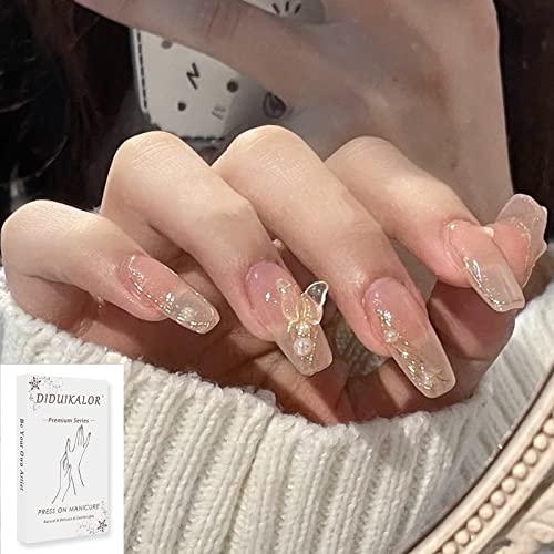 Press On Nails Nude, Medium Butterfly Pearl Fake Nails with Nail Glue and Jelly Gel, Coffin Acrylic False Nails for Women Girls Trendy Luxury Charms
