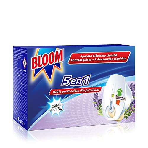 Bloom Insecticida Eléctrico Líquido Lavanda y Eucalipto (1 aparato + 2 recambios), insecticida eléctrico para mosquitos común y tigre, tecnología doble eficacia