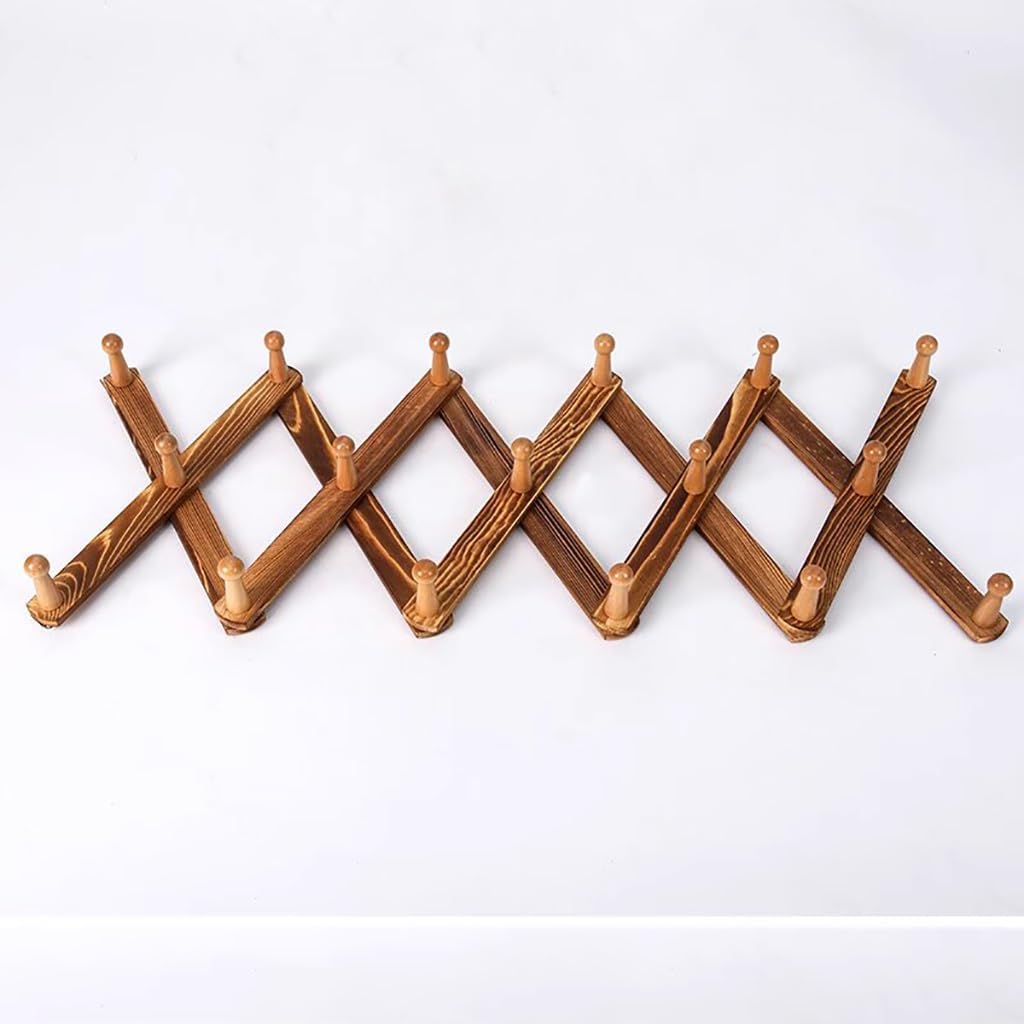Accordian Wall Hanger,Wooden Wall Expandable Coat Rack,Hat Rack Holder,for Hanging Coats,Hats,Mugs,Bags,Purses,Necklaces,Rustic Style(B,17 hooks)