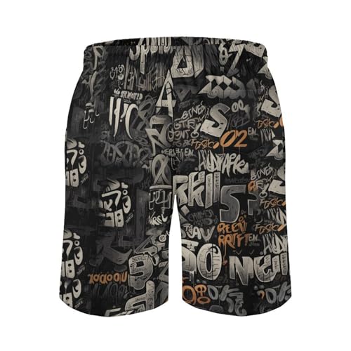 Mens Vintage Graffiti Swim Trunks Swim Shorts Quick Dry Inseam Beach Shorts with Compression Liner and Pocket, Black3