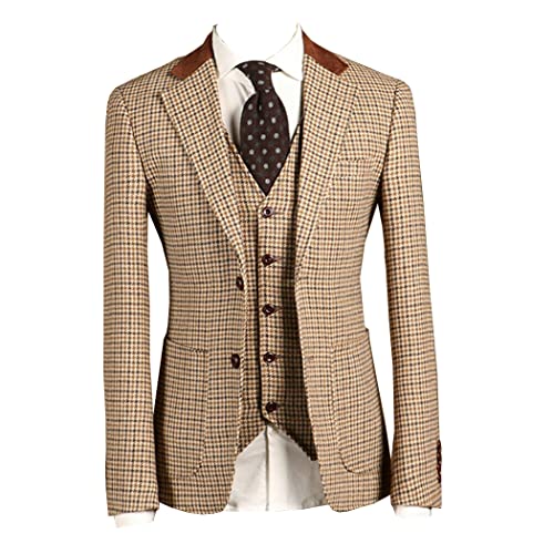 Premium Men Brown Houndstooth Plaid Tweed Blazer Prom Tuxedo Notch Lapel Check Grooms 3 Pieces Suit Jacket Pants Vest
