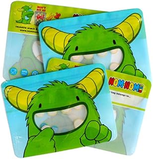 Nom Nom Kids Reusable Sandwich Bags: 4 x Monster Design ziplock Bags for Sandwiches, Bagels, Wraps and Snacks, Freezer Safe and Dishwasher Safe