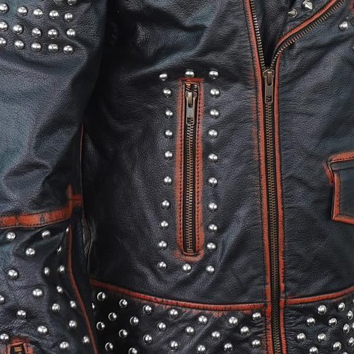 Mens Studded Leather Jacket Punk Rock star Gothic Brando Biker Genuine Cowhide Black Distressed Spiked Jacket