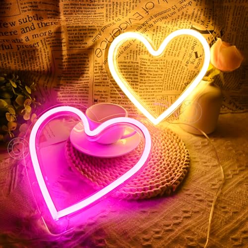 Image of SYLHOME 2 Pack Heart Led Neon Light Sign Battery Operated or USB Powered Bedroom Wedding Wall Sign Decor Christmas Birthday Gifts USB 7.87 inch X 7.28 inch Pink & Warm White