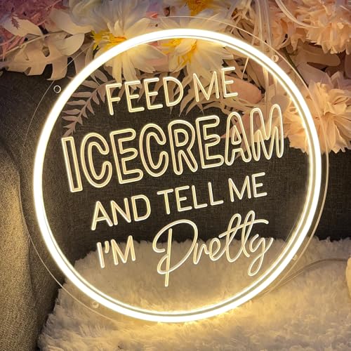 Image of Neon Sign Feed Me Icecream & Tell Me I'm Pretty Wall Decor 3D Art Carving Design Indoor Bedroom Led Neon Sign Backdrop Flex Christmas Business Room Shop Window Birthday Gift(Warm White,USB,30x30CM)