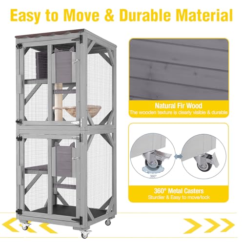 Image of 62.8'' Cat Catio Enclosure, Multi-Level Cat Cage with Jumping Platforms, Sisal Scratching Post & Weatherproof Roof Cover, Solid Fir Wood Cat House for Indoor Outdoor Use, Grey (Fits 2-3 Cats)