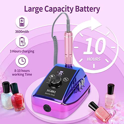 Hugmaple Professional Nail Drill 35000Rpm, Electric Nail File Machine With Bits & Foot Pedal, Rechargeable Cordless E File For Remove Gel Polish Nail For Acrylic Nails, Gradient Blue #TOP2