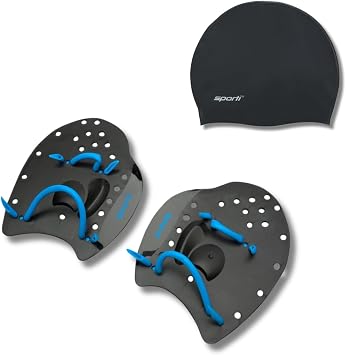 Sporti Swimmer Essential Set - Large Power Swim Paddles, Durable Silicone Swim Cap Combo
