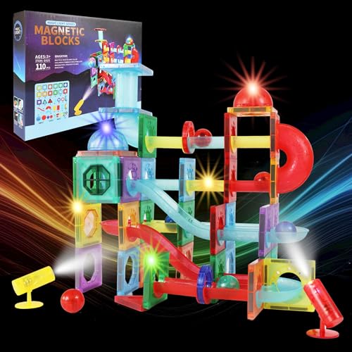 AmaVenta Bloques de Construcción Magnéticos con Luces LED para Niños de 3 a 8 Años - Incluye Tubos, Bolas y Linternas LED para iluminar Circuitos - Juguetes para Construcciones Creativas - 110 Piezas