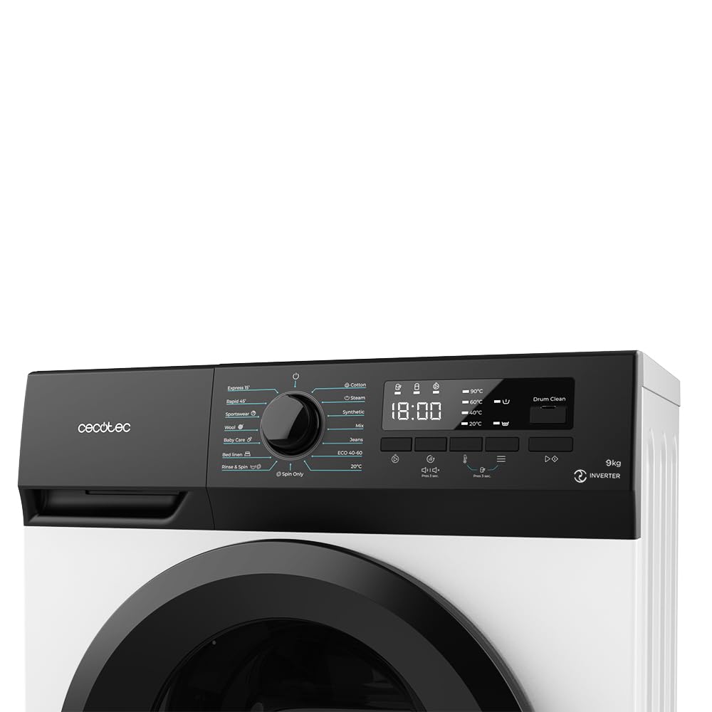 Cecotec Lavadora 9Kg de Carga Frontal Bolero DressCode 9300 Inverter A. 1950W, Revoluciones Programables hasta 1400 rpm, 15 Programas, Bajo Consumo, Motor Inverter Plus, Vapor SteamMax