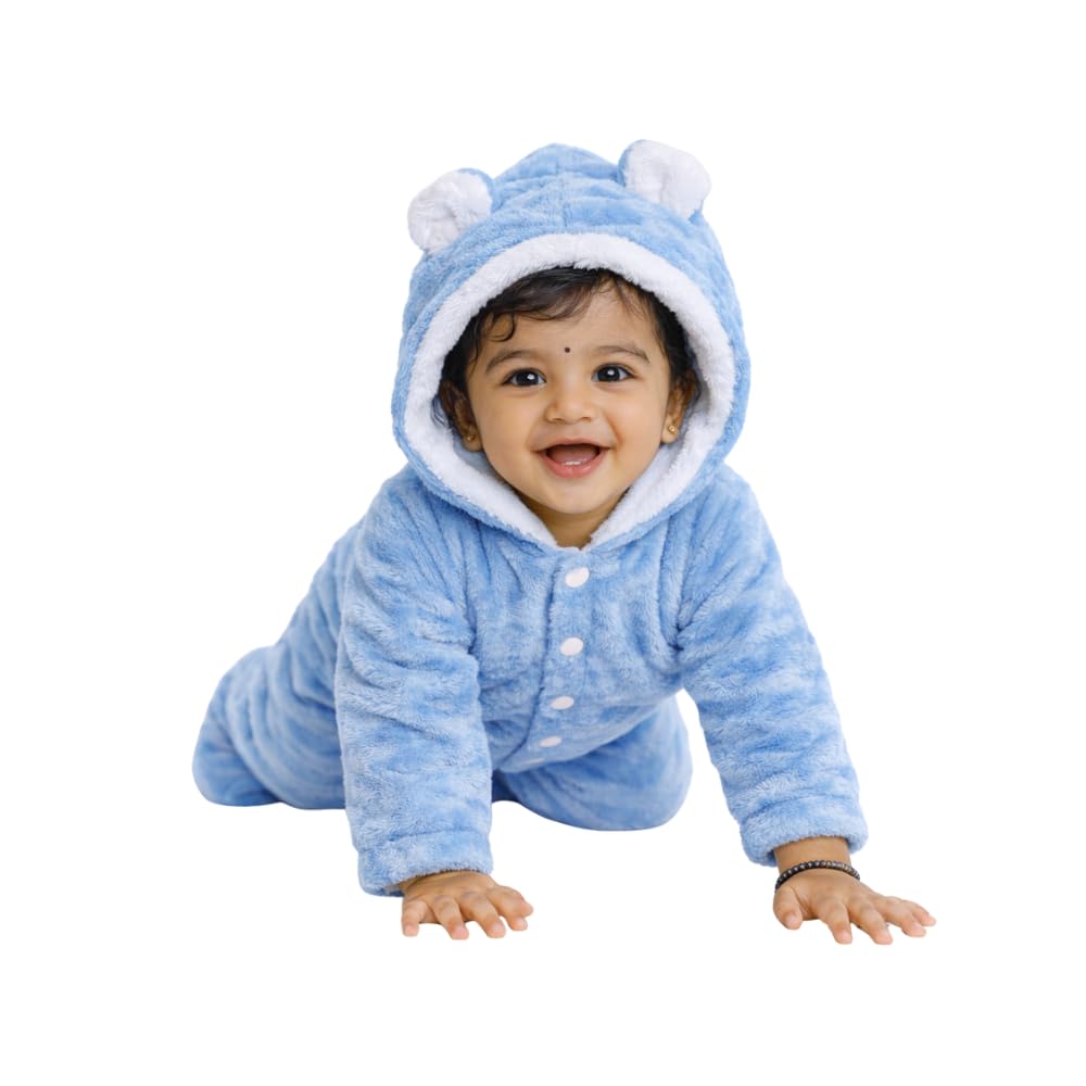 Jomper Flanno Buttoned Suit with Cap, Full Sleeve Warm Jumpsuit - Soft Fleece Printed Winter Newborns Baby Romper