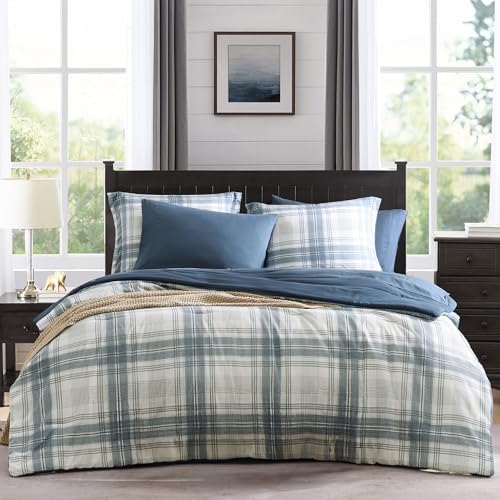 Image of MaiReve Plaid Queen Comforter Sets, Blue Grey Grid Farmhouse Bedding Set Bed in A Bag, Classic Checkered Comforter Sets with Fitted & Flat Sheet, Pillowcases & Shams(Blue Grey, 90 inchx90 inch)