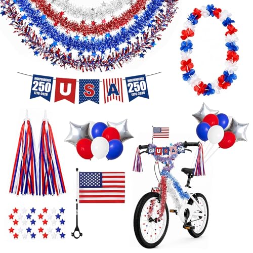 Patriotic Bike Decor Set for USA 250th Town Parade 4th of July Bicycle Decorations for Kids Bike Scooter Red White Blue Bike Tassels Streamers American Flags Wheel Spokes Beads Tinsel Garland Kit