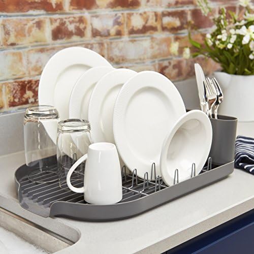 Tower T847000 Compact Dish Rack with Cutlery Rack, Draining Tray, Chrome Plated Stainless Steel, Easy Clean, Grey , 32 x 45 x 13 cm