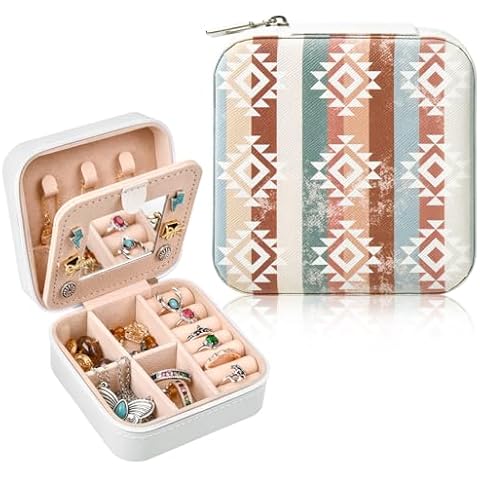 CEELGON Western Jewelry Box Case Boho Print Travel Jewelry Organizer Christmas Gifts for Women Country Girls Cowgirl Stuff Small Portable Travel Accessories for Women -White Boho Cover