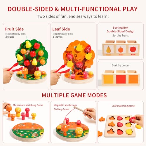 Image of INIFEIDALA Montessori Toys for 3 4 5 6 Year Old - Wooden Educational Toy for Toddlers,Shape Sorting Puzzle for Fine Motor Skills,Apple Picking Magnetic Tree Toy,Hand-Eye Coordination,Color Recognition