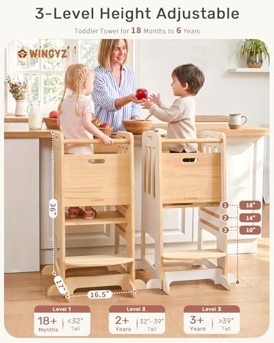 Image of WINGYZ Toddler Tower - Anti-Tip Natural Wood Learning Stool Helper for Kids 18M-6Y, 150lb Capacity Kitchen Stool with 3-Height Adjustable Platform and Sliding Door Access, 20lb Portable Design, Wood