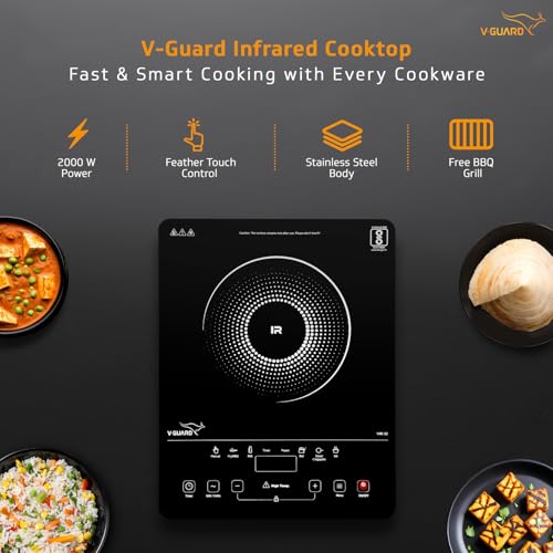 Image of V-Guard VIRC 02 2000 W Electric Infrared Induction Cooktop | Compatible with All Utensils | Touch Panel Control | Stainless Steel Body | Free BBQ Grill | 1 Year Coverage