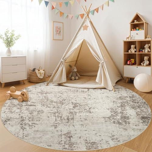 8ft Round Area Rug Living Room Rugs - 8x8 Washable Neutral Modern Abstract Soft Thin Rug Indoor Floor No Slip Rug Carpet for Bedroom Under Dining Table Home Office Decor - Dark Brown