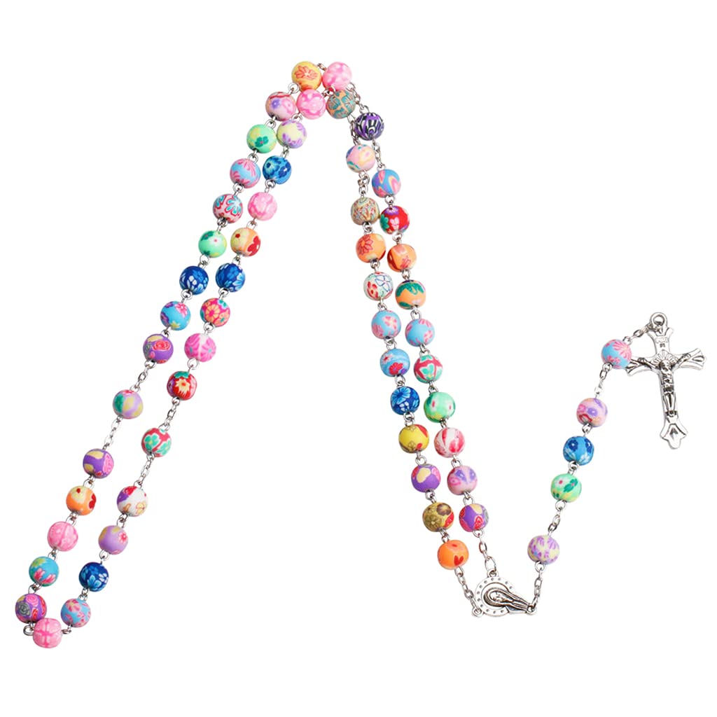 TEMOOUES Multicolor For Cross Crucifix Pendant Rosary Necklace Sweater Chain Religious Prayer Beads Chain Necklace Rosary