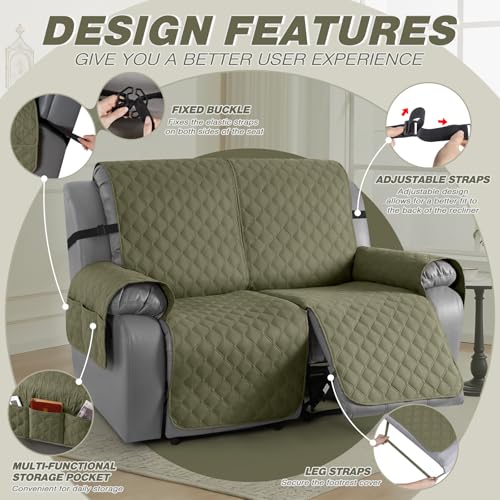 Image of TAOCOCO 100% Waterproof Recliner Covers, Recliner Sofa Covers with Leg Straps, Reversible Recliner Couch Cover for Reclining Chair, Washable Couch Protector for Pets Kids(2 Seater, Gray Green)