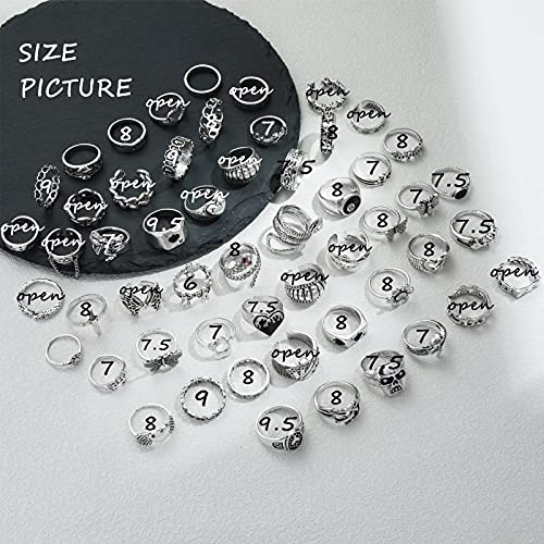 Image of IFKM Vintage Silver Knuckle Rings Set for Women, Stackable Joint Finger Statement Rings Bohemian Retro Hollow Carved Midi Rings, Boho Halloween Skeleton Skull Snake Heart Chunky Stacking Rings Pack
