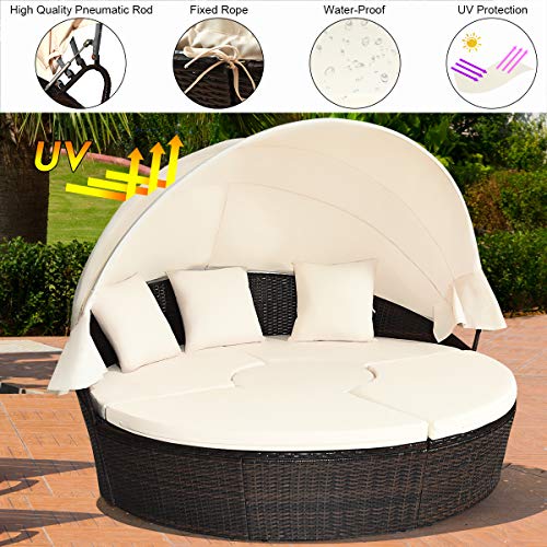 Tangkula Patio Round Daybed With Retractable Canopy, Outdoor Wicker Rattan Furniture Sets, Sectional Sofa Set W/Height Adjustable Coffee Table, Rattan Conversation Sets (Brown) #TOP6