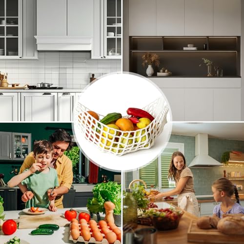 Panier a Fruit, Panier Suspendu Rangement avec 8 Crochets, Crochets en Coton, Paniers Basket Mural Osier, Boho Hamac Corbeille a Fruit et Légumes, Cuisine Maison Sous Armoire, Peu Encombrant, Blanc – vue 5