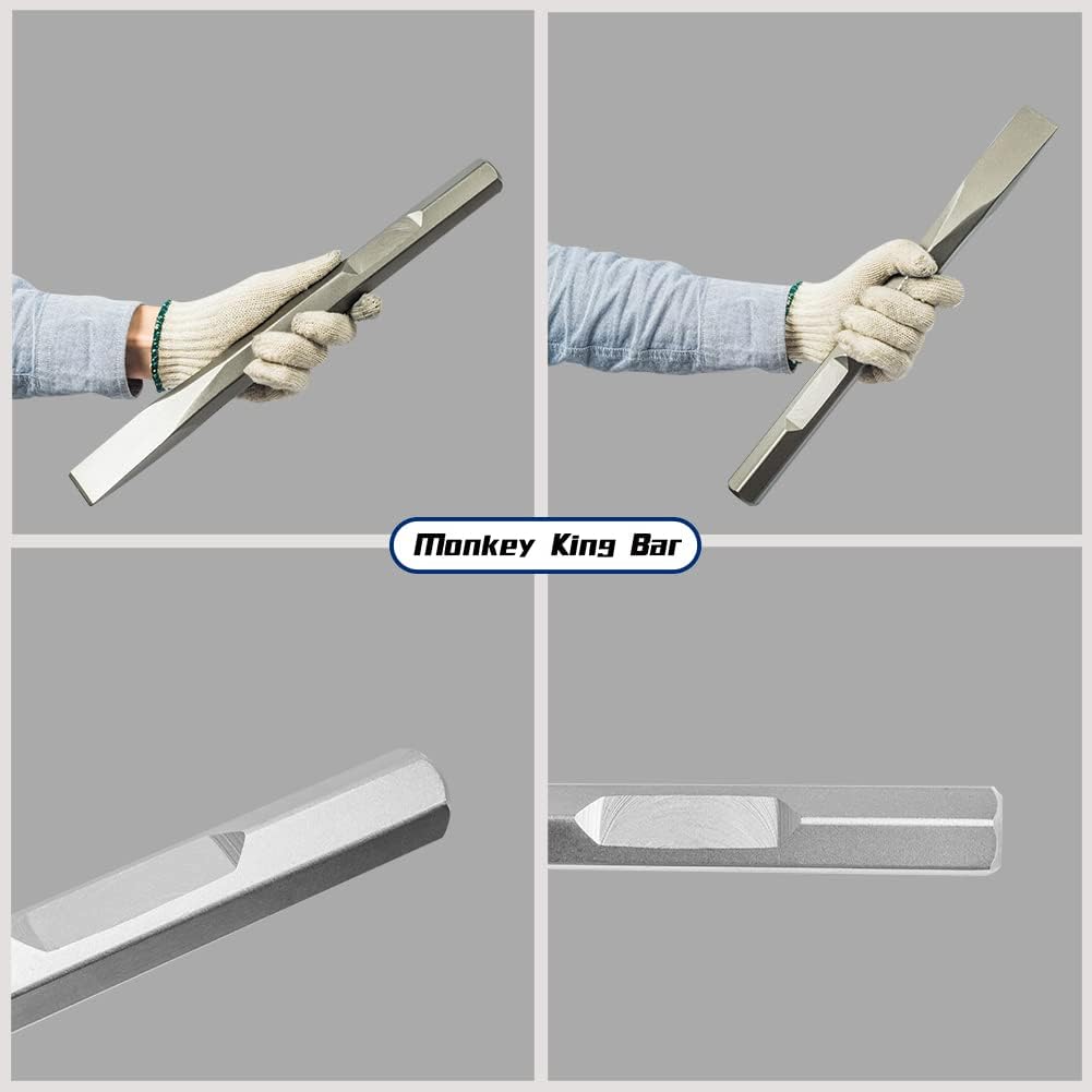 Monkey King Bar- Long 16 Inch Hex Chisel Bit- Flat Chisel Bit Ideal for Removing Masonry- Notch 1-1/8" Hex & Spline Hammer Steel
