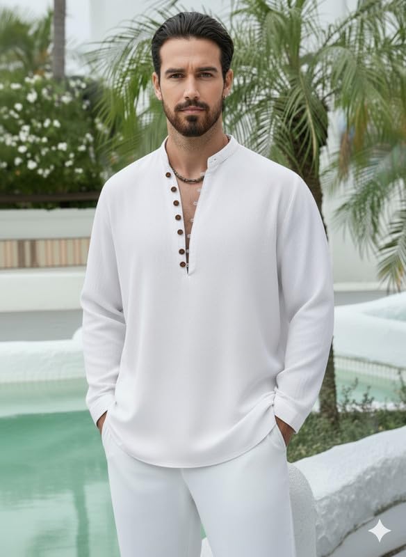 Image of DEELMO Men Stylish Cotton Blend Kurta with Button Detailing for Festive and Casual Wear | Comfortable Soft Fabric Kurta with Modern Mandarin Collar Traditional Outfit