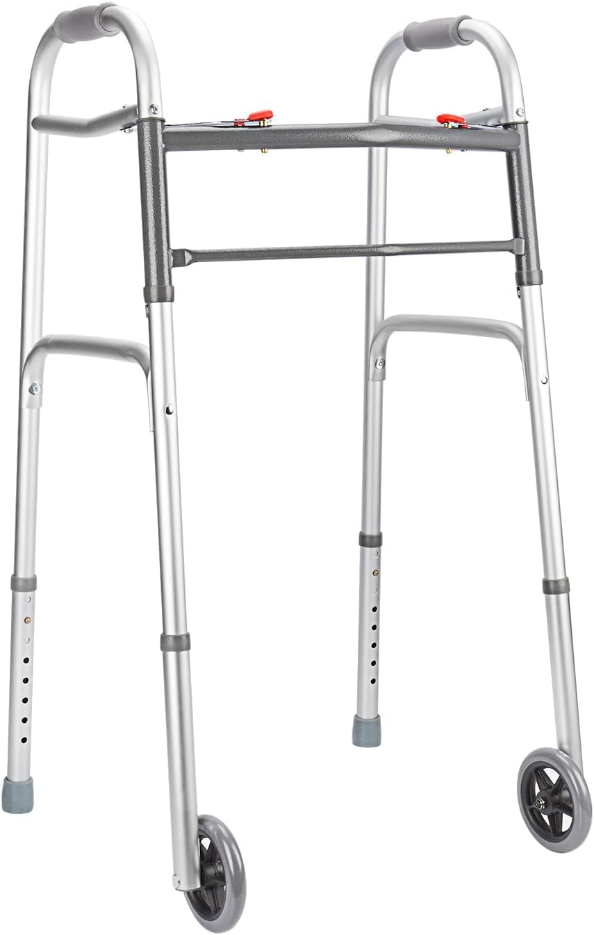 supregear Deambulatore Pieghevole Standard, Deambulatore Pieghevole Alluminio in Lega Regolabile a due Pulsanti con Ruote da 13 cm per Anziani Disabili Feriti, Supporto Fino a 226,8 kg, Argento