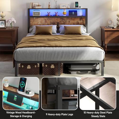 Image of Full Size Bed Frame with Headboard, Metal Platform Bed Frame with LED Lights & Charging Station, Under Bed Storage, Solid and Stable, No Box Spring Needed, Noise Free, Easy Assembly, Vintage Brown
