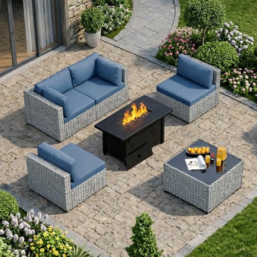 SUNLEI 5 Piece Outdoor Patio Furniture Set with Fire Pit Table Silver PE Rattan Wicker Conversation Sofa Set with Blue Cushions All Weather Sectional Patio Couch for Backyard Deck Garden Porch