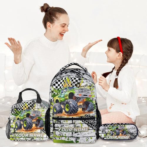 Personalized Students Backpack with Lunch Box, 3PCS Truck School Backpacks Matching Combo for Middle School, Funny Green Bookbag and Pencil Pouch Bundle2