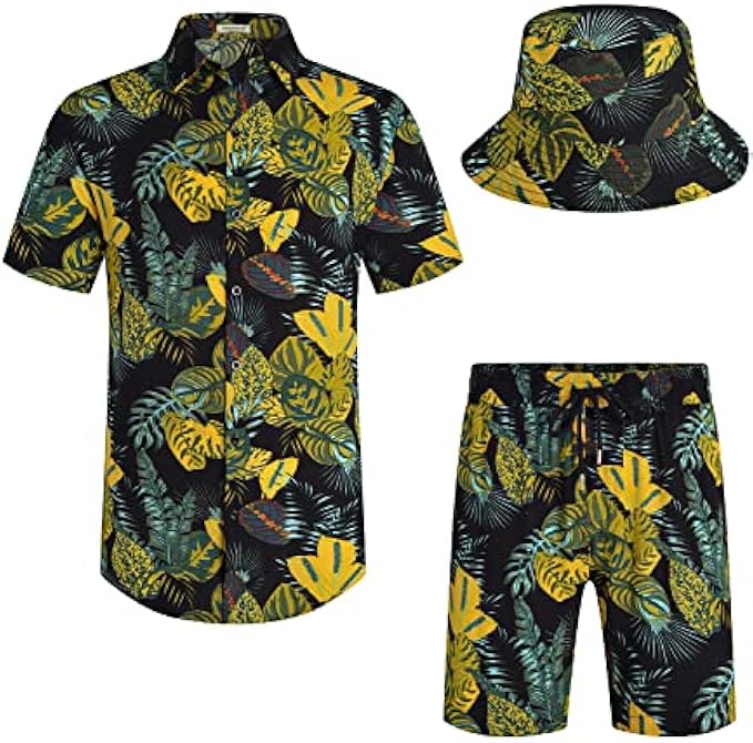 EISHOPEER Men's Flower Button Down Hawaiian Sets Casual Short Sleeve Shirt and Shorts Suits