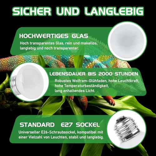REPTI HOME Terrarium Basking Spot Wärmelampe, Reptilien Wärmelampe Daylight 25W 2 Stück, E27 Reptilien Heizung Lampe for Bartagame, schildkröte, Eidechse