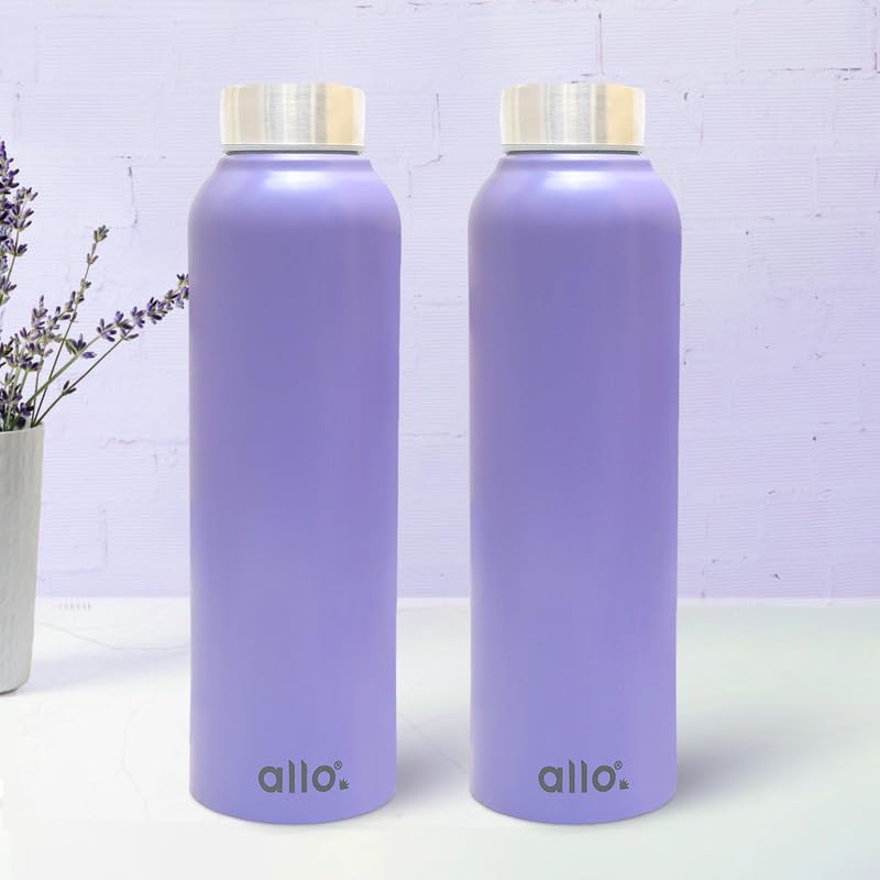 Image of Allo Stainless Steel Water Bottle For Adults, Kids 1 Litre Water Bottles For School, Office, Sports, Gym 1L Water Bottle For Men And Women, Pack Of 2 | Leak Proof & Bpa Free, Lavender Steel Cap