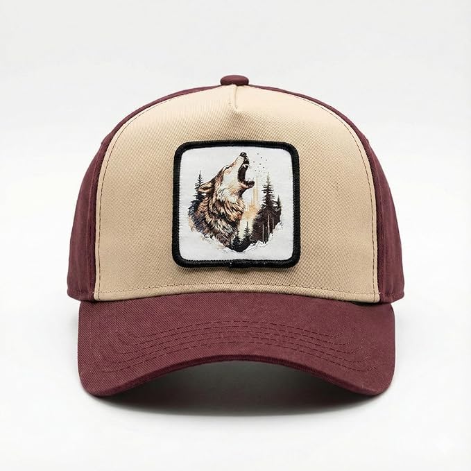BlackBork Trucker Hat with Interchangeable Surprise Patch Adjustable for Men and Women Animal Patch Hat Breathable One Size (US Alpha One Size BEGE (Wolf))