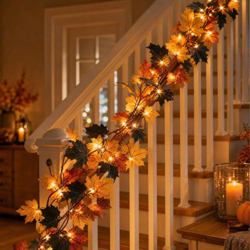 3PCS Thanksgiving Simulation Maple Leaf Fall Garland with Led Lights, 69in | Artificial Deciduous Fake Vines For Staircase Dining Table Fireplace Mantel Home Decor Hanging Vines Farmhouse Fall Decor - image 6