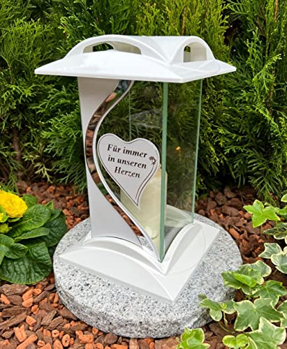 Grablampe Laterne mit Beschriftung - Für Immer in unseren Herzen - Grablicht Kerze Grabkerze Grabdekoration 27 cm H. Grabschmuck Neue Model incl. Kerze, Hartkunststoff - ACRYL - Glas