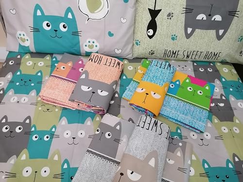 Pago Poco Bettwäsche-Set für Einzelbett, Motiv: Katzen und bunte Herzen, Farbe: Grau, Grün, Grün, Grün, 100 % Baumwolle aus Naturfaser, hergestellt in Italien, Maxi-Größen (Orange)