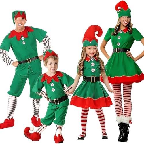 Fulidngzg Ropa Navidad Familia Conjunto Traje de Elfo Navideño Hombre Mujer Disfraz Elfo de Niña Vestido Familia Adultos Niños disfraces Duende Iguales a Juego Chica para Fiestas Cosplay Carnaval