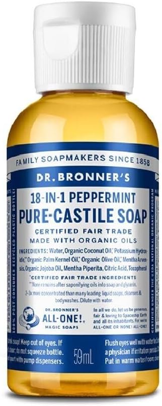 Pure-Castile Liquid Soap (Peppermint, Travel Size, 2 ounce) - Made with Organic Oils, 18-in-1 Uses: Face, Body, Hair, Laundry, Pets and Dishes, Concentrated, Vegan, Non-GMO
