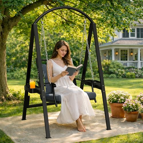 Image of Pamapic Porch Swing with Stand, 350lbs Heavy-Duty Metal Frame Outdoor Swing for Adults with Dual Side Trays, Adjustable Chains, Zippered Removable Cushion for Balcony, Backyard, Garden, Black