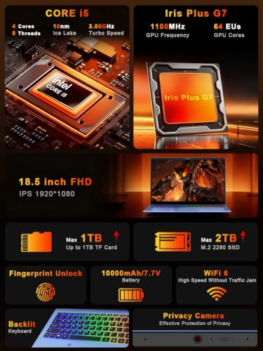Image of XNQ 18 inch laptop computer, 2026 gaming laptop window 11 pro, 10th Gen Core i5, 16GB RAM 512GB SSD, 1080P FHD IPS, 10000mAh Battery,WiFi6,Fingerprint,Full-featured Type-C Business School Student Work