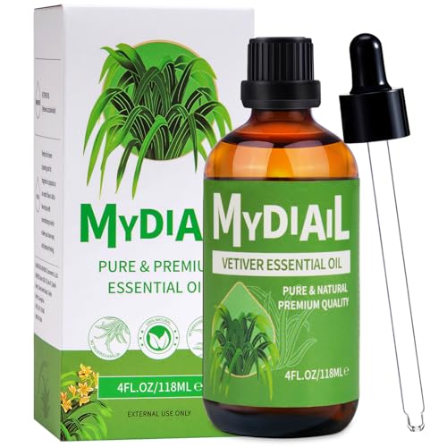 MYDIAIL Vetiver Essential Oil Premium Quality Vetiver Oil 4oz with Dropper Perfect for Diffuser, Aromatherapy, Massage, Home Cleaning, Skin Care, Bath, Candle & Soap Making, Perfume - 118ML