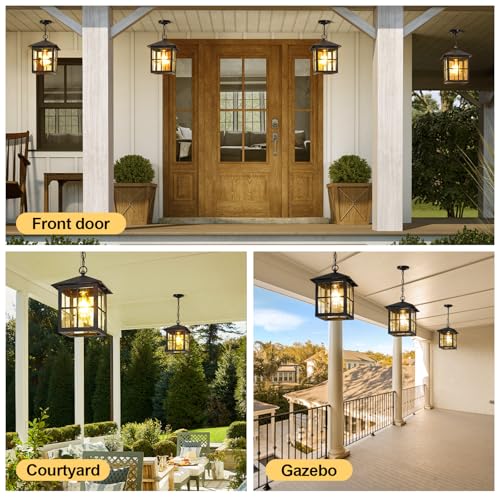 Black Outdoor Pendant Light, Porch Doorway Hallway Exterior Hanging Lights with Adjustable Chain Waterproof Outside Hanging Lantern Fixture Indoor Home Dinning Room Kitchen Island (Black, 2 Pack)