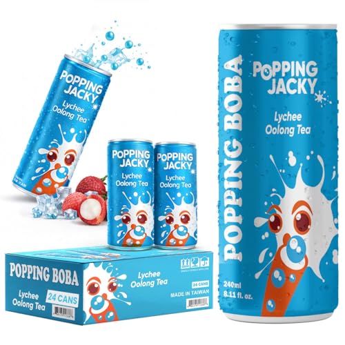 Popping Jacky Lychee Oolong Tea Drink with Popping Boba - Ready to Drink Bottled Bubble Tea with Boba Balls - Cold Refreshing Fruit Tea (Pack of 24)