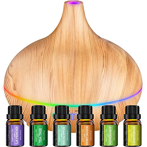 Essential Oil Diffuser with Oils Set, 500ml Aromatherapy Diffuser with Essential Oil Set 6x10mL, Super Quiet Aroma Diffuser Gift Set with 14 Color Lights 4 Timers for Home Bedroom, New Yellow